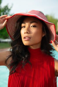 Red and white portrait of an asian beautiful girl